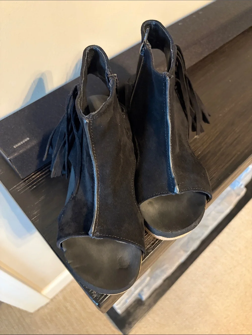 Black Fringe Cork Wedge Sandals